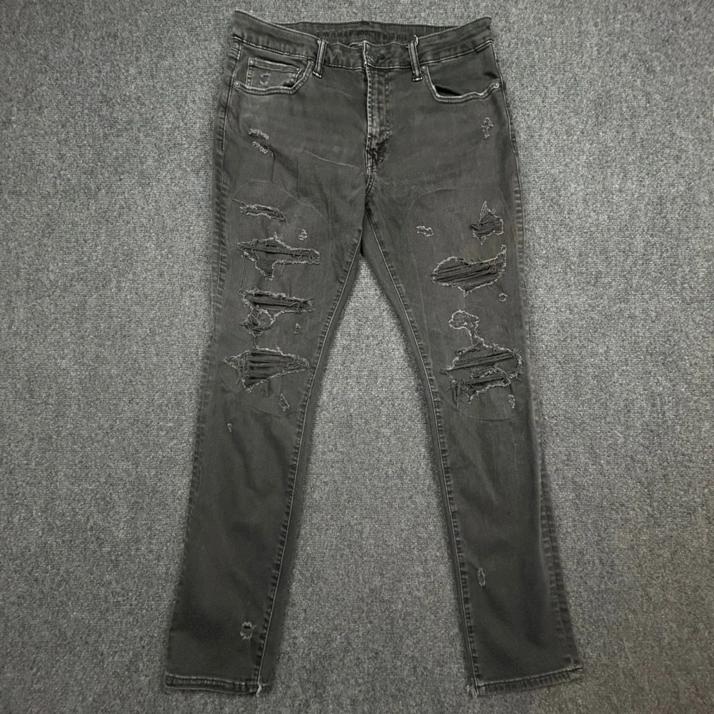 American Eagle Athletic Skinny Jeans‎ Mens 34x32 Black Distressed Ripped Denim